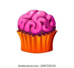 Cartoon Halloween holiday cupcake with pink brain cream convolutions. Isolated vector sweets and dessert for children trick or treat party. Confectiry muffin, homemade bakery, confection for kids