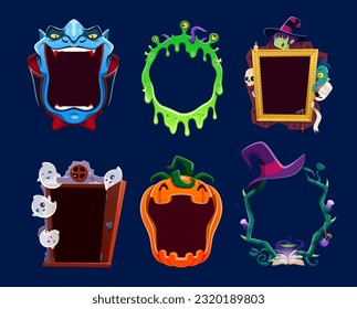 Cartoon Halloween holiday frames and borders. Spooky and fun vector frameworks with ghosts, pumpkin, door, witch, skeleton and zombie, vampire, goo and monster. Playful, colorful Hallowmas decor set