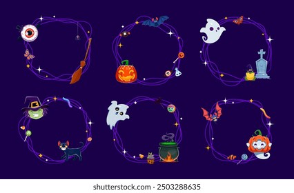 Cartoon Halloween holiday frames and borders with kawaii ghosts. Empty vector round vignettes for capturing spooky memories, with adorable spooks saying boo, bats, cauldron, witch, cat and eyeball