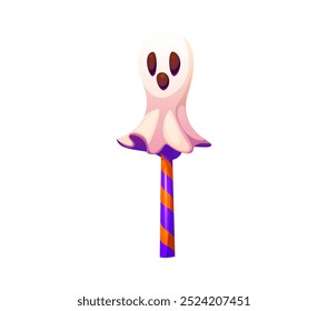 Dibujos animados de Halloween fantasma de vacaciones lollipop o pastel pop. Vector de dulces y comida de postre de Helloween truco o fiesta de la noche. Fantasma del horror o caramelo fantasma de la forma en palillo rayado, comida dulce de Halloween