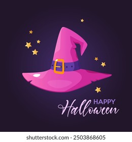 Cartoon Halloween holiday greeting card with pink witches hat on gradient purple background with lettering.