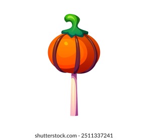 Caricatura de Halloween de vacaciones chupete de dulces y postre. Caramelo de calabaza de Vector aislado con un tallo verde en palo. Truco o trato de niños fiesta confitería lolli pop sucker, sabroso postre para niños