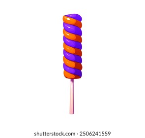 Cartoon Halloween holiday sweets and dessert. Isolated vector striped lollipop candy with spiral orange and purple pattern on stick. Trick or treat kid party confectionery sucker, caramel for children