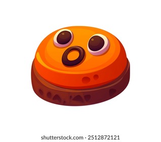 Cartoon Halloween holiday sweets and dessert. Isolated vector cookie with yelling face for children trick or treat party. Confectiry with spooky eyes, mouth and orange glaze, scary bakery for kids