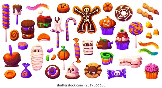 Cartoon Halloween Feiertage Süßigkeiten und Desserts für Trick oder behandeln Party, Vektorsymbole. Halloween Horror Nacht süße Monster Bonbons von Skelett Keks, gespenstischen Kürbis Muffin Cupcake und Geist Lollipop