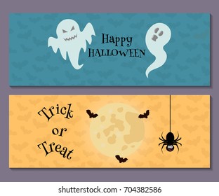 Cartoon Halloween horizontal banner set with moon, bat, spider, ghosts. Happy halloween and trick or treat card. Vector illustration.
