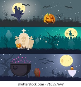 Cartoon Halloween horizontal banners with zombie hand scary pumpkin tombstones flying witch cauldron bats ghosts scarecrow vector illustration