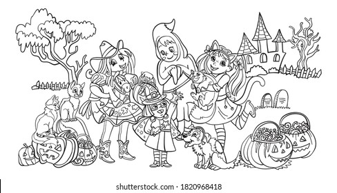 Cartoon halloween horizontal illustration. Vector coloring pages happy children in costumes of ghost, cowgirl, witch. Coloring book for children, preschool education, print, game, decoration.