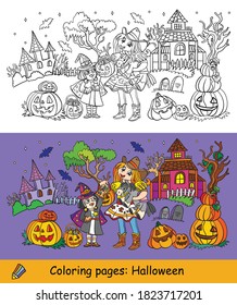 Cartoon halloween horizontal illustration. Vector coloring pages and colored example sisters in costumes of witch and cowgirl. Coloring book for children, preschool education, print, game, decoration.