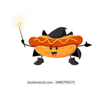 Cartoon Halloween hotdog fast food mage, wizard and witch character. Isolated vector whimsical hot dog personage with a mustard squiggle, wand, robe, and hat, casting flavorful spells in magical world