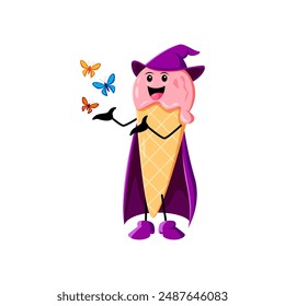 Cartoon Halloween ice cream cone fast food mage, wizard and witch character. Isolated vector enchanting sugary dessert personage in purple robe and a hat, swirls sweet spells with butterflies wonders