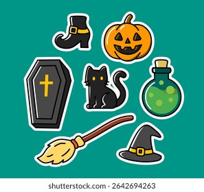 Cartoon Halloween Icon Set – Black Cat, Pumpkin, Witch Hat, Potion, and More