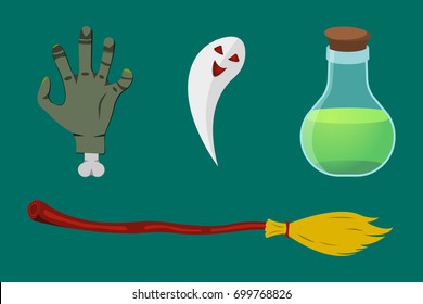 Cartoon Halloween icon set. Pumpkin, Deadman's Hand, Flask, Broom, Ghost. Vector illustration.
