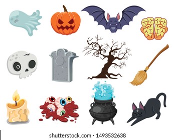 Cartoon Halloween icon set vector. pumpkin, ghost, brain, bat, skull, gravestone, tree, candle, broom, eyeball, cat, witches cauldron. Vector illustration