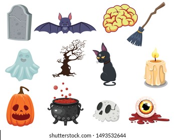 Cartoon Halloween icon set vector. pumpkin, ghost, brain, bat, skull, gravestone, tree, candle, broom, eyeball, cat, witches cauldron. Vector illustration