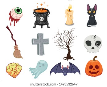 Cartoon Halloween icon set vector. pumpkin, ghost, brain, bat, skull, gravestone, tree, candle, broom, eyeball, cat, witches cauldron. Vector illustration