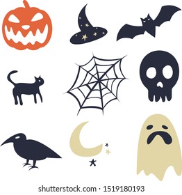 Cartoon Halloween icon set vector simple cartoon style. Pumpkin, ghost, bat, skull, cat, witches hat, crow or raven, spider web. Vector illustration