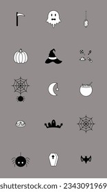 Cartoon Halloween icon set vector. pumpkin, ghost, bat, graves, spider, coffin, Boo, bat, cake, candy, witch hat, witches cauldron, moon and witch broom in gray background. Vector illustration.