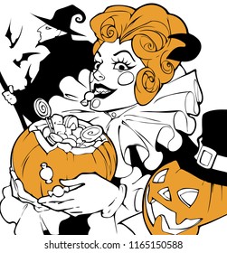 Cartoon halloween illustration  of an evil bizarre clown mascot holding a pumpkin full of sweets