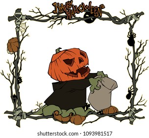 Cartoon halloween illustration frame decorated with diverse evil bizarre creatures and characters, little monsters, imps, evil mascots