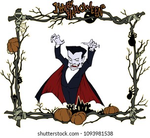 Cartoon halloween illustration frame decorated with diverse evil bizarre creatures and characters, little monsters, imps, evil mascots