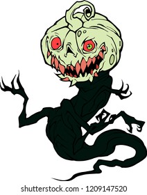 Cartoon halloween illustration of a funny monster. Bogy with sharp claws and scary pumpkin head. Hand drawn mascot isolated