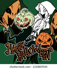 Cartoon halloween illustration of a funny monster. Bogy ghost with funny smiling face. Hand drawn mascot 