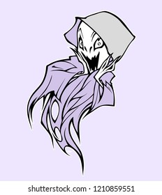 Cartoon halloween illustration of a funny monster. Bogy ghost with funny smiling face. Hand drawn mascot 