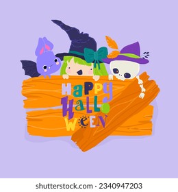 Cartoon Halloween Illustration with Little Witch, Baby Bat and Skeleton