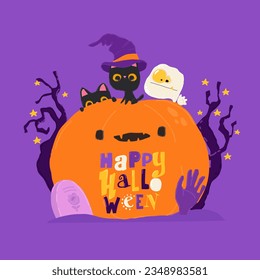 Cartoon Halloween Illustration with Pumpkin and Black Cats