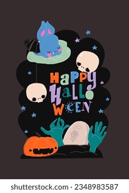 Cartoon Halloween Illustration with Pumpkin, Sculls and Bat