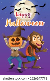 Cartoon Halloween illustration with scary characters