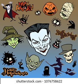 Cartoon halloween illustration set of diverse evil bizarre creatures and characters, vampires, zombies, monsters, imps, evil mascots