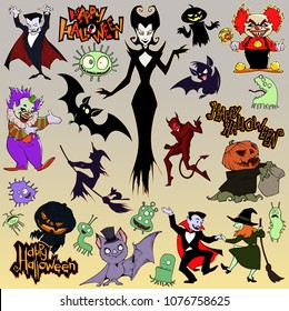 Cartoon halloween illustration set of diverse evil bizarre creatures and characters, vampires, zombies, monsters, imps, evil mascots