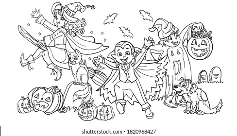 Cartoon halloween illustration. Vector coloring pages happy children in costumes of witch, vampire, ghost with pumpkins. Coloring book pages for children, preschool education, print, game,decoration.