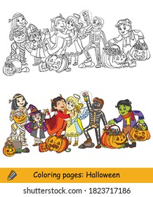 Cartoon halloween illustration. Vector coloring and colored example children in costumes of mummy, witch, skeleton with pumpkins. Coloring book pages for children, preschool education, print and game.