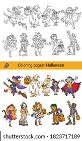 Cartoon halloween illustration. Vector coloring set of happy children in costumes and colored example. Coloring book for children, preschool education, print, game, decoration and stickers.