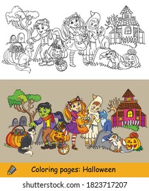 Cartoon halloween illustration. Vector coloring and colored example happy children in costumes of ghost, Lady Cat and monster.Coloring book for children, preschool education, print, game, decoration.