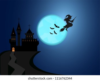 Cartoon Halloween illustration , witch on a broomstick with bats and moon, scary  castle cute Halloween party invent poster decoration blue sky .