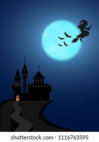 Cartoon Halloween illustration , witch on a broomstick with bats and moon, scary  castle cute Halloween party invent poster decoration blue sky .
