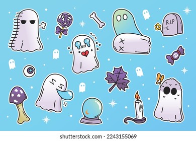 Cartoon Halloween illustrations. With cute cartoon characters like pumpkin, ghost, cat, witch, skull. Stickers, icons, design elements