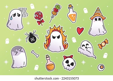 Cartoon Halloween illustrations. With cute cartoon characters like pumpkin, ghost, cat, witch, skull. Stickers, icons, design elements