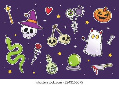 Cartoon Halloween illustrations. With cute cartoon characters like pumpkin, ghost, cat, witch, skull. Stickers, icons, design elements