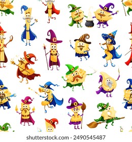 Cartoon Halloween Italian pasta characters seamless pattern, vector kids holiday background. Funny linguine in witch hat with magic wand, penne sorcerer or pasta mage with potion cauldron pattern