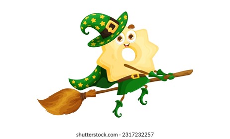 Cartoon Halloween italian pasta wizard character. Isolated vector stelle witch wearing green hat and cloak with stars flies on broomstick, ready to cast a magical spell on coven trick-or-treat party