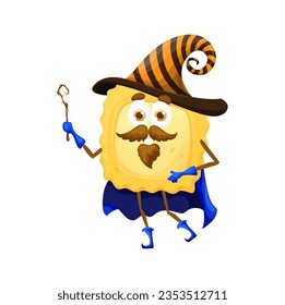 Cartoon Halloween italian pasta wizard character. Isolated vector ravioli warlock personage with wand and mischievous expression conveying playful mood and adding a touch of humor to Hallowmas holiday