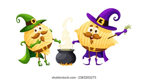 Cartoon Halloween italian pasta wizard characters. Isolated vector conchiglie macaroni personages dressed in witch costumes, casting spells and stirring up cauldron with magical potion or brew