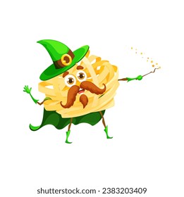 Cartoon Halloween italian pasta wizard character. Isolated vector fettuccine with pointy hat and curly mustache, holding magic wand, casting spells with puffs of glitter, adding fun twist to culinary