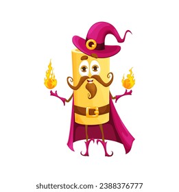 Cartoon Halloween italian pasta wizard character with magic fires. Isolated vector rigatoni personage in robe and hat, conjuring up eerie and delightful spells for festive and spooky holiday night