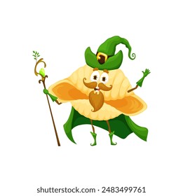 Cartoon Halloween italian pasta wizard character. Isolated vector konkiloni sorcerer personage with pointy hat and staff, wearing green robe and large mustaches with beard, casting spooky spells